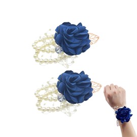 TUKEVA Pack of 2 Wrist Flowers Pearl Wrist Flower Wedding Decoration Floral Wedding Bracelet Accessories for Bride Bridesmaids for Prom Event Wedding Party etc (Navy Blue)