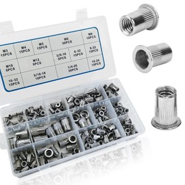 AKKTOL 200-PCS Rivet Nut Kit, Stainless Steel Rivnuts Kit, SAE and Metric Nutserts Kit with Flat Head, 6-32#8-32#10-32#10-24 1/4"-20 3/8"-16 5/16"-18 M3 M4 M5 M6 M8 M10 M12