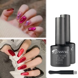 LYXSYXL 7ml Crystal Cat Eye Gel Nail Polish Magnetic Nail Polish Set Bright Silver UV Gel Polish Shiny Diamond Glitter Gel with Magnet Stick (2PCS-Dark Pink+Dark Ruby Red)