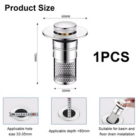 Ruayia Sink Drain Plug for 34-40 mm Drain Drain Universal Pop Up Drain Strainer Sink Drain Plug Sink with Hair Strainer (Pack of 1)