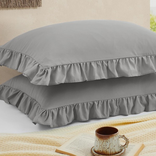 Cobedzy Ruffled Pillow Cases Set of 2, Dark Grey Standard