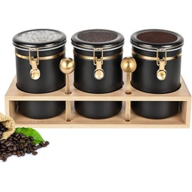 Yangbaga 304 Stainless Steel Coffee Canisters for Ground Coffee,3 x 63 OZ Coffee Container with Shelf Coffee Bean Storage, Food Storage Jar with Gold Airtight Locking Clamp and Spoon for Kitchen