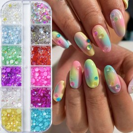 12 Grids Colorful Rhinestones Nail Charms Simple 12 Shapes Nail Rhinestones Crystal Nails Art Charms DIY Sparkling Bow Nail Gems Charms for Nails Aurora Design Manicure Decor for Women Daily Wear