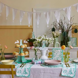 Talking Tables Easter Tree Hanging Decorations | Wooden Egg Decs Wooden Decs, Floral Design, Rabbit, Hand Illustrated, Ornament - 3 Pack, Mint