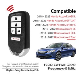 Car Key Fob Remote Keyless Entry Control CWTWB1G0090 433MHz 5 Button Replacement for 2018-2022 Honda Accord 2.0EX-L EX Tour - 2 Pack