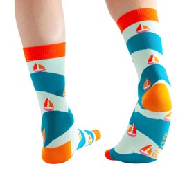 Doris & Dude Women Ladies Bamboo Organic Crew Socks 1 Pair Med 3-7 Sailing Boats Colourful Mint Soft Durable Sustainable Gift Smooth Toe Breathable