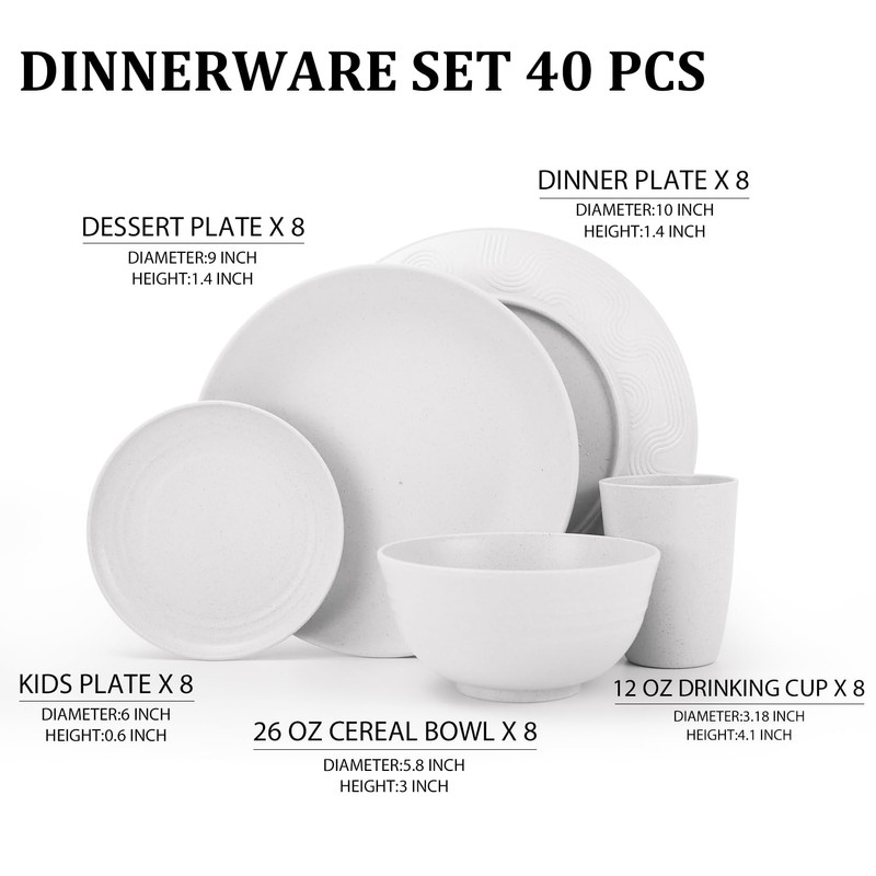 Perlapoc 40 PCS Wheat Straw Dinnerware Sets, Service for 8