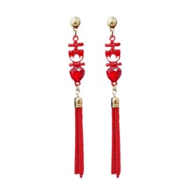 Red Tassels Wedding Statement Dangle Drop Earring S925 Sterling Silver Post for Women New Year Celebration Fashion Earrings Cubic Zirconia Crystal Chinese Style Long Dangling Piercing Xmas Gift