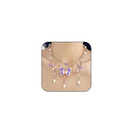 Trendy Big Butterfly Choker Necklace for Women, Cute Layered Fairy Pearl Tassel Butterfly Pendant Necklace Statement Costume Accessories Jewelry Gifts (Purple)