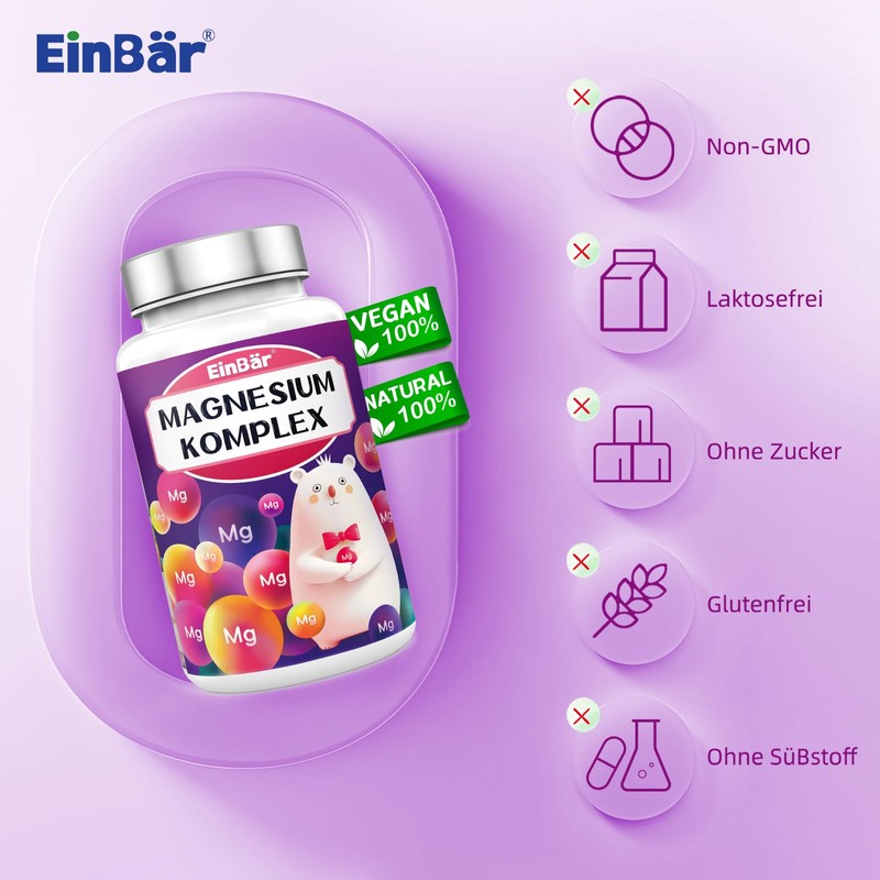 EinBär Magnesium Komplex: Hoch bioverfügbarer 4-fach Komplex (Trimagnesiumcitrat u.a.) 400mg,