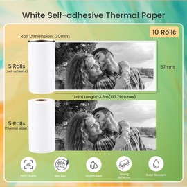 Vretti Thermal Printer Paper, 10 Rolls Sticker Printer Paper, Printable Thermal Paper 57 x 30 mm for Portable Mini Printers
