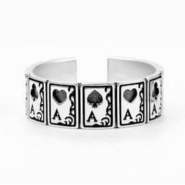 HUKQBUNX 925 Sterling Silver Stainless Steel Men's and Women's General Good Luck Casino Playing Cards Black Spade a Ring with Adjustable Opening