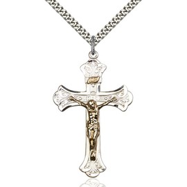 Two-Tone Sterling Silver & Gold-Filled Crucifix Pendant 1 3/4 x 1 1/8 inches with Heavy Curb Chain