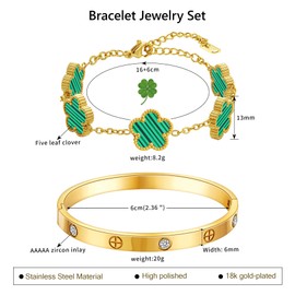 Gold Bracelets for Women-2Pcs 18K Gold Plated Friendship Love Cubic Zirconia Bracelets Stainless Steel Lucky Five Leaf Link Bracelets Dainty Bangle Stack Jewelry Set Gifts for Christmas Valentines