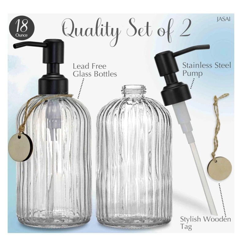 JASAI 2PACK 18Oz Simple Glass Soap Dispensers with Black Pump,