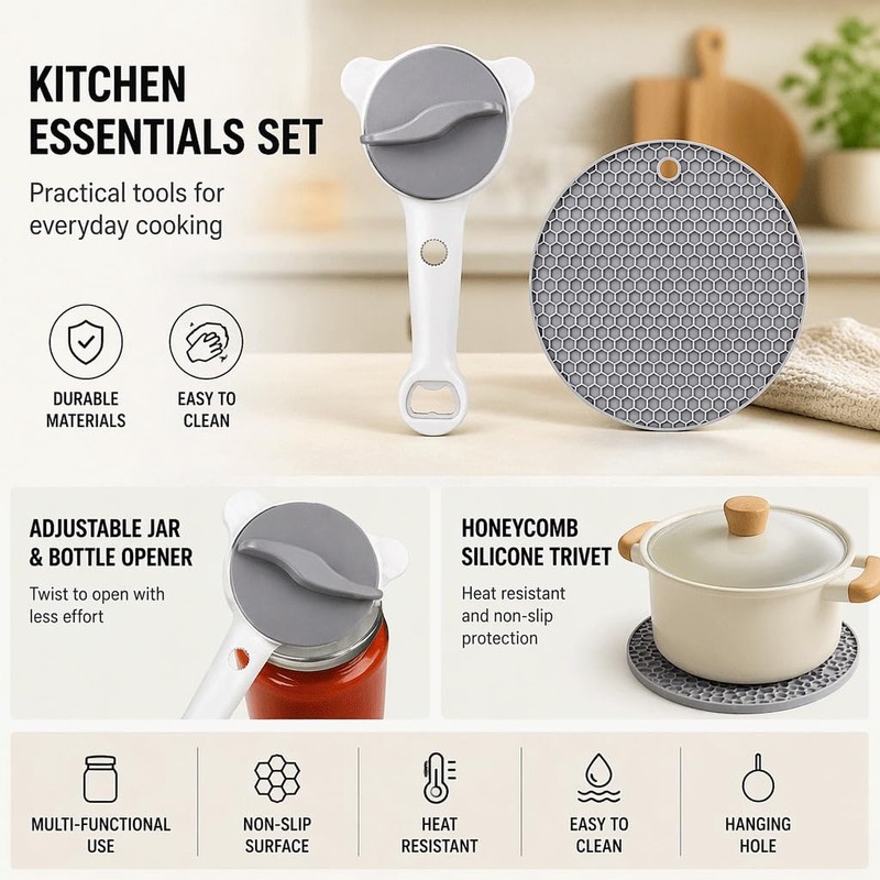 Bottle Opener Trivet Set - Multi Function Jar Opener -
