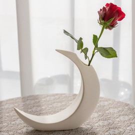 COTYNI White Ceramic Vase for Home Decor, Crescent Moon Decorative Vase for Pampas Grass Dried Artificial Flowers, Unique Modern Minimalism Boho Lunar Flower Vase for Living Room Table Centerpieces