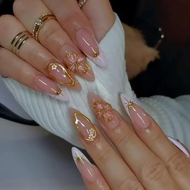 WAFOLOZE Nails Press on, Almond Press on Nails Medium Girls Fake Nails with 3D Flowers White French Tip Design, Acrylic Artificial False Nails Press Ons Floral Glue on Nails For Women