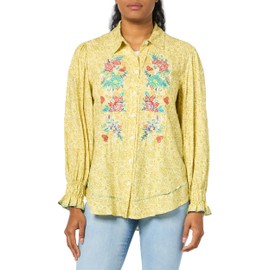 Tru Luxe Jeans Women's Print and Embroidered Button Up Shirt with Ruffle Cuffs, Multi-T14252BM