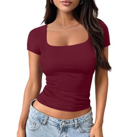 Trendy Queen Tshirts Shirts for Women Double Lined Going Out Crop Tops 2025 Spring Summer Workout Y2k Clothes Beach Fashion Burgundy L