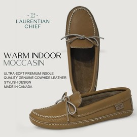 Laurentian Chief Moccasin Slippers for Men with Canada Quality Genuine Cowhide Leather, Single Lacing and Padded Sole, Durable Comfortable Stylish Indoor and Outdoor Moccasins for Men Slippers in