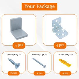 YAPIKAN L Bracket, Gray Shelf Brackets, Stainless Steel Corner Brace, Furniture Anchors for Baby Proofing, Heavy Duty Cabinet Hanging Brackets, Plastic Cover Metal Brackets for Shelves, 4 PCS