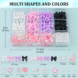 BELLEBOOST 600 Pcs 3D Nail Charms and Flatback Pearls Set 7, 4 Colors Nail Bows Charm + Pink&White Star Heart Moon Cute Nail Jewels + 2-4mm White Nail Pearls for Nail Art DIY Decoration with Pickup Tools