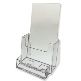 Dazzling Displays Clear 4 x 9 Tri-Fold Brochure Holder with Attached Business Card Holder, Countertop Display Stand, Literature Holder for Efficient Countertop Organization