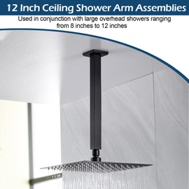Ceiling Mounted Arm With Flange, Black Ceiling Shower Arm 12 Inch - Universal Connection 1/2 Npt Straight Square Arm For Fixed Rain Shower Head