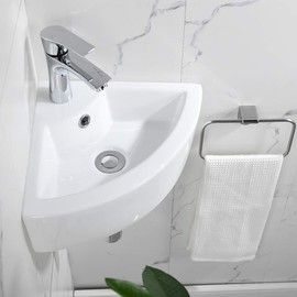 Wall Mount Corner Bathroom Sink with Faucet-Bokaiya 18x13 Inch Small Bathroom Sink with Overflow Wall Mount Triangle White Porcelain Ceramic Mini Vanity Space Vessel Sink