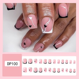 Press on Nails Coffin Short 24Pcs Acrylic Glitter False Nails with Pink and Purple Heart Rhinestone Designs Glossy Full Cover Reusable Artificial Square Fake Nails Sets with Glue for Women Girls