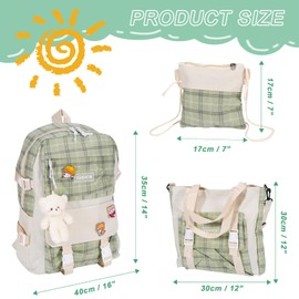 Mordelar 5Pcs Canvas School Backpack Combo Set with Kawaii Bear Pendant Cute Pins Plaid Check Handle Shoulder Tote Bag Schoolbag (Khaki)