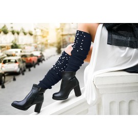 Calentador de piernas para mujer de los años 80 y niña, de lana acanalada, calcetines altos hasta el muslo, extra largos de punto de ganchillo, calcetines largos para botas hasta la rodilla para, Azul Marino-Perlas, Diamante, Mediano