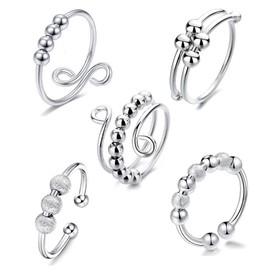 VIKY® Pack of 5 Adjustable Anti-Stress Ring, Relief from Anxiety and Anti-Stress Rings, Silver, Anxiety Spinning Ring with Beads, Open Spinner Ring Women, Anxiety Ring, Stress Rings for Girls and