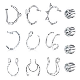 Longita Fake Nose Ring Fake Nose Piercing Fake Lip Piercing Fake Septum Ring Fake Lip Ring Faux Nose Ring Silver Clip on Nose Ring for Women Men Fake Septum Piercing Faux Septum Nose Rings