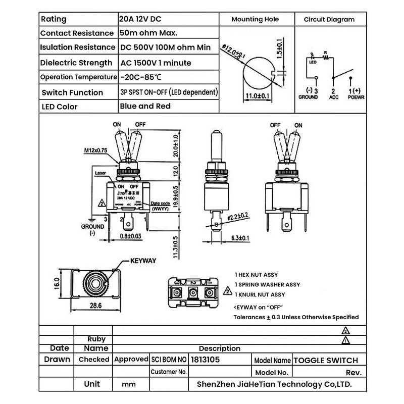 DC12V 20A Rocker Switch & 50A Ignition Lock Universal Switch