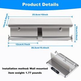 Double Toilet Paper Holder with Shelf, Wall Mount Tissue Roll Holder for Bathroom, 304 Stainless Steel Commercial Toilet Tissue Dispensers with Phone Shelf