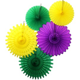 Devra Party 5-Piece Paper Fans, Mardi Gras Purple Yellow Green