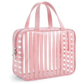Edelefas Clear Pink Striped PVC Makeup Bag, Large 10.2 x 7.9 x 3.1 Inch Waterproof Travel Toiletry Bag with Handle, TSA Approved Clear Cosmetic Organizer for Travel Gym Bathroom