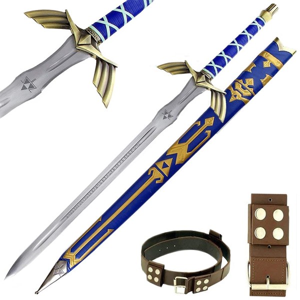 Legend of Zelda FULL TANG Carbon Steel Master Sword SHARPENED Skyward Limited Edition Deluxe w Belt, 14-Blue-BRB
