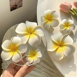 Geettcaifu 4 Pcs 7cm Hawaiian Frangipani Plumeria Foam Hair Clips, Head Flower Party Beach Hair Clips - White and Pink