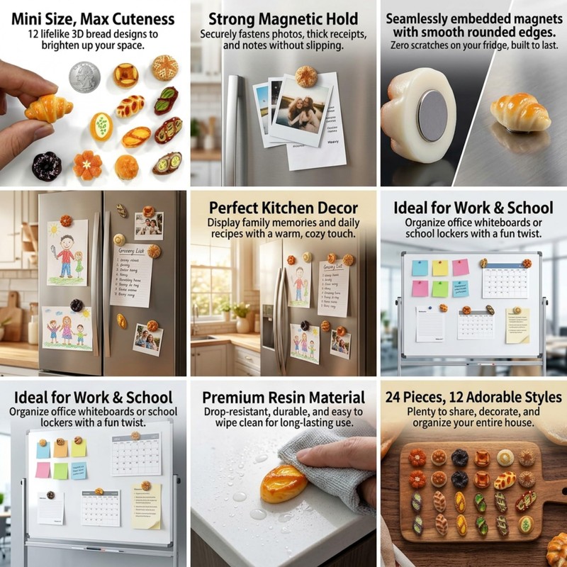 Mini Bread Fridge Magnets, 24 Pcs, 3D Resin