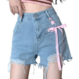 RILGOU Y2K Kawaii Vintage Gothic Casual High Waisted Wide Leg A-Line Ripped Hem Pink Ribbon Heart Trim Jean Shorts L