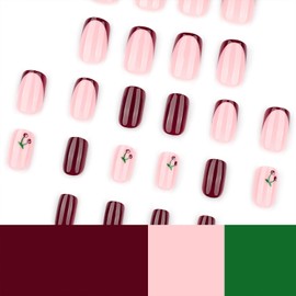FNKFNK Cherry Press on Nails Short Square Fake Nails with Designs Wine Red Full Cover False Nails Reusable Glossy French Tip Cute Cherry Acrylic Nails for Women 24Pcs