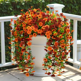 Artificial Fall Fake Flowers for Outdoors,2PCS Fall Faux Hanging Flowers for Fall Decor,UV Resistant Artificial Mums Look Real Silk Flower for Front Porch Garden Patio Home Decor(Orange & Brown)