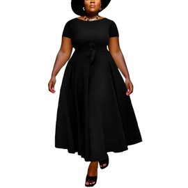 BFFBABY Black Dress Plus Size Formal A Line Dresses for Women Summer Long Dresses with Sleeve Casual Belted