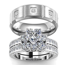 wedding ring set Two Rings His Hers Couples Rings Women's 10k White Gold Filled Heart CZ Wedding Engagement Ring Bridal Sets Men's Titanium Wedding Band