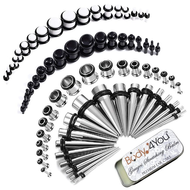 BodyJ4You 73PC Gauges Kit Ear Stretching Aftercare Balm 14G-00G Black White Acrylic Plug Steel Taper