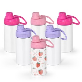 AGH 12 OZ Kids Sublimation Tumbler, 6 Pack White Stainless Steel Bottles Vacuum Flask Tumblers with Colored Lid, Sport Kids Skinny Straight Water Cups