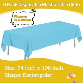 tujol Light Blue 6 Pack Plastic Table Cloth 54" x 108", Disposable Tablecloths Rectangle Table Cover, Plastic Tablecloths for Parties